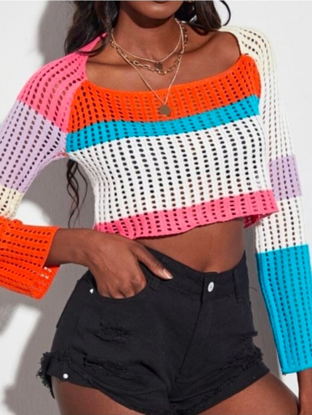Crochet Colorblock Womens Small Square Neck Cropped Top Rave Festival Boho Retro